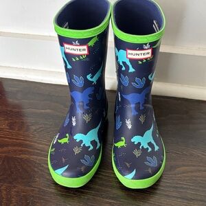 Hunter Kids Navy Rain Boots with Lime Trim & Teal Dinosaur Print Toddler size 13